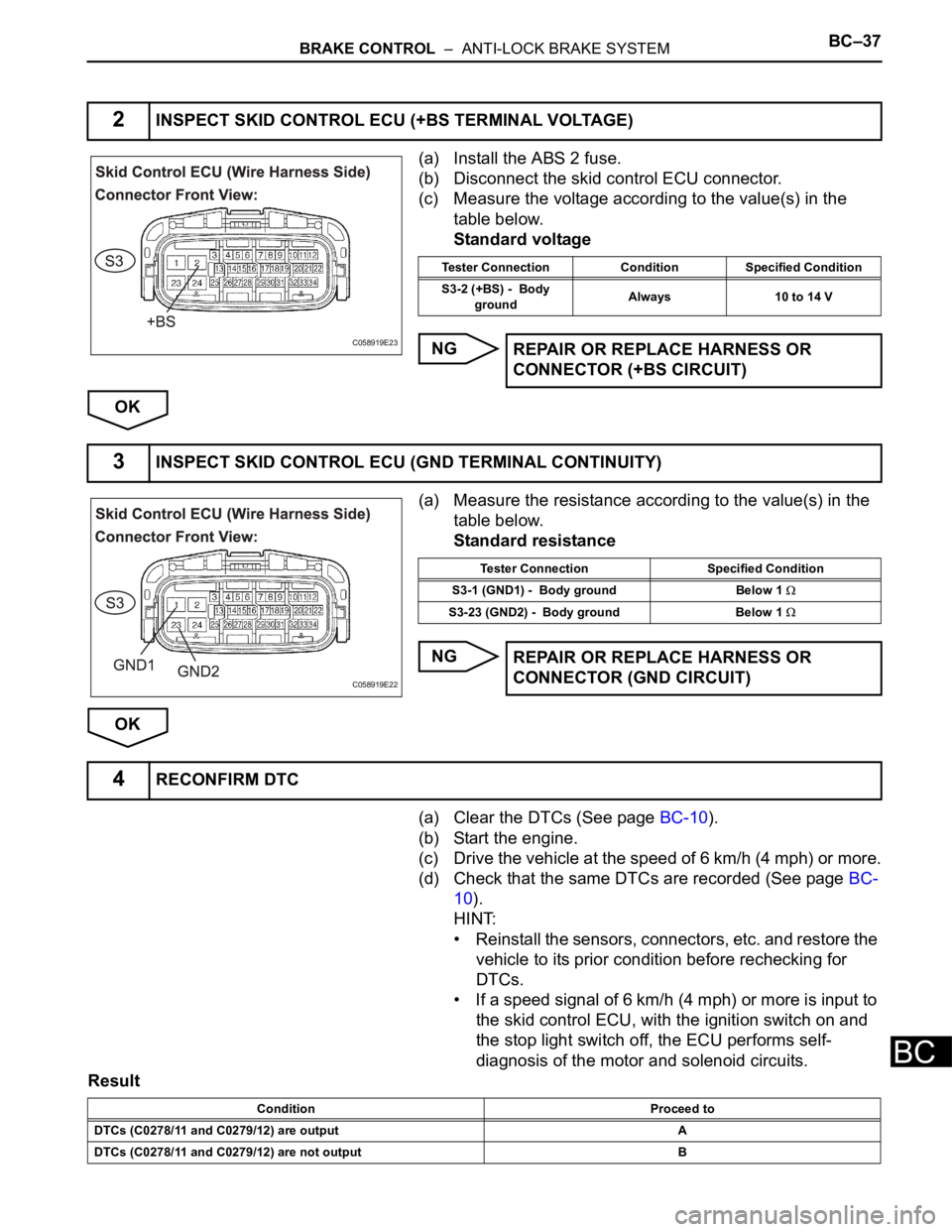 TOYOTA SIENNA 2007 Service Repair Manual BRAKE CONTROL – ANTI-LOCK BRAKE SYSTEMBC–37
BC
(a) Install the ABS 2 fuse.
(b) Disconnect the skid control ECU connector.
(c) Measure the voltage according to the value(s) in the
table below.
S TOYOTA SIENNA 2007 Service Repair Manual BRAKE CONTROL – ANTI-LOCK BRAKE SYSTEMBC–37
BC
(a) Install the ABS 2 fuse.
(b) Disconnect the skid control ECU connector.
(c) Measure the voltage according to the value(s) in the
table below.
S