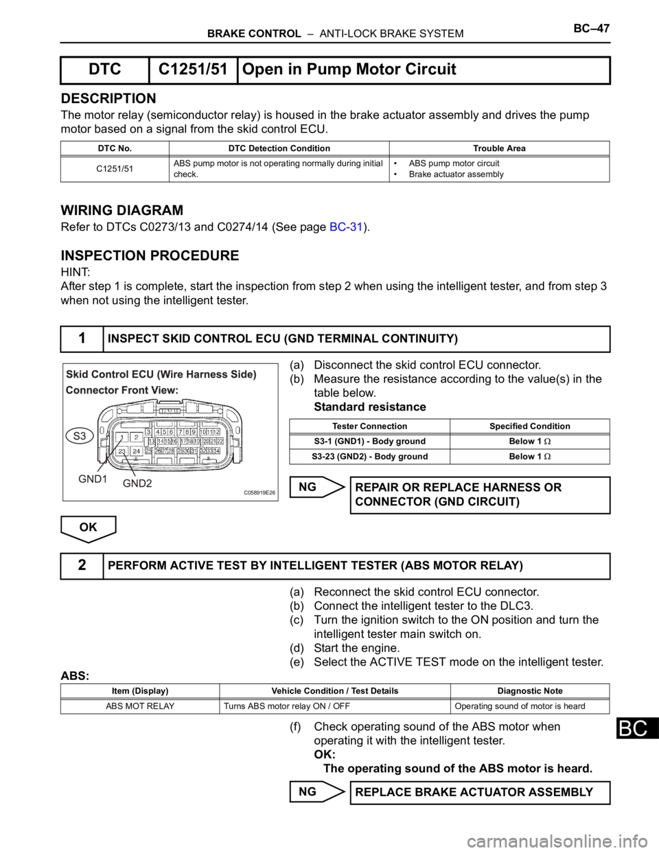 TOYOTA SIENNA 2007 Service Repair Manual BRAKE CONTROL – ANTI-LOCK BRAKE SYSTEMBC–47
BC
DESCRIPTION
The motor relay (semiconductor relay) is housed in the brake actuator assembly and drives the pump
motor based on a signal from the sk TOYOTA SIENNA 2007 Service Repair Manual BRAKE CONTROL – ANTI-LOCK BRAKE SYSTEMBC–47
BC
DESCRIPTION
The motor relay (semiconductor relay) is housed in the brake actuator assembly and drives the pump
motor based on a signal from the sk