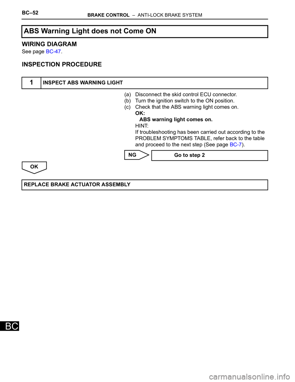 TOYOTA SIENNA 2007  Service Repair Manual BC–52BRAKE CONTROL  –  ANTI-LOCK BRAKE SYSTEM
BC
WIRING DIAGRAM
See page BC-47.
INSPECTION PROCEDURE
(a) Disconnect the skid control ECU connector.
(b) Turn the ignition switch to the ON position.