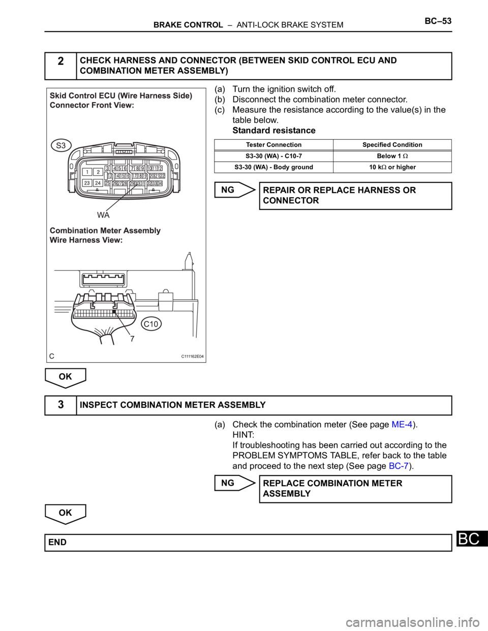 TOYOTA SIENNA 2007  Service Repair Manual BRAKE CONTROL  –  ANTI-LOCK BRAKE SYSTEMBC–53
BC
(a) Turn the ignition switch off.
(b) Disconnect the combination meter connector.
(c) Measure the resistance according to the value(s) in the 
tabl