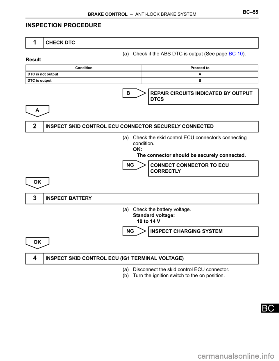 TOYOTA SIENNA 2007  Service Repair Manual BRAKE CONTROL  –  ANTI-LOCK BRAKE SYSTEMBC–55
BC
INSPECTION PROCEDURE
(a) Check if the ABS DTC is output (See page BC-10).
Result
B
A
(a) Check the skid control ECU connector's connecting 
con