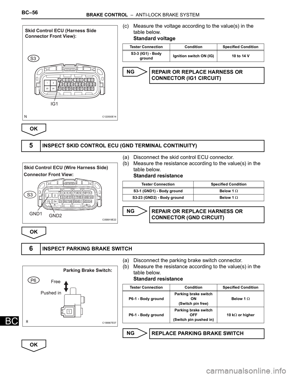 TOYOTA SIENNA 2007 Service Repair Manual BC–56BRAKE CONTROL – ANTI-LOCK BRAKE SYSTEM
BC
(c) Measure the voltage according to the value(s) in the
table below.
Standard voltage
NG
OK
(a) Disconnect the skid control ECU connector.
(b) Me TOYOTA SIENNA 2007 Service Repair Manual BC–56BRAKE CONTROL – ANTI-LOCK BRAKE SYSTEM
BC
(c) Measure the voltage according to the value(s) in the
table below.
Standard voltage
NG
OK
(a) Disconnect the skid control ECU connector.
(b) Me