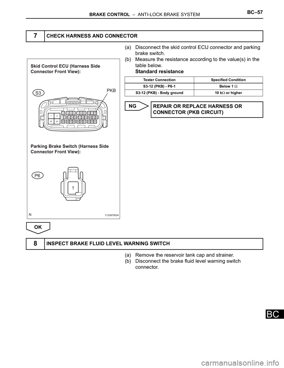 TOYOTA SIENNA 2007  Service Repair Manual BRAKE CONTROL  –  ANTI-LOCK BRAKE SYSTEMBC–57
BC
(a) Disconnect the skid control ECU connector and parking 
brake switch.
(b) Measure the resistance according to the value(s) in the 
table below.
