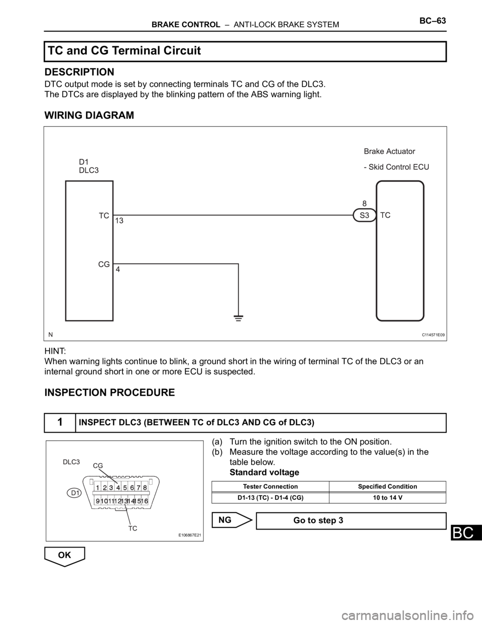 TOYOTA SIENNA 2007  Service Repair Manual BRAKE CONTROL  –  ANTI-LOCK BRAKE SYSTEMBC–63
BC
DESCRIPTION
DTC output mode is set by connecting terminals TC and CG of the DLC3.
The DTCs are displayed by the blinking pattern of the ABS warning