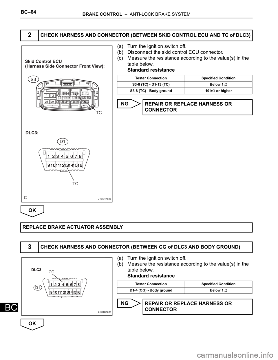 TOYOTA SIENNA 2007  Service Repair Manual BC–64BRAKE CONTROL  –  ANTI-LOCK BRAKE SYSTEM
BC
(a) Turn the ignition switch off.
(b) Disconnect the skid control ECU connector.
(c) Measure the resistance according to the value(s) in the 
table