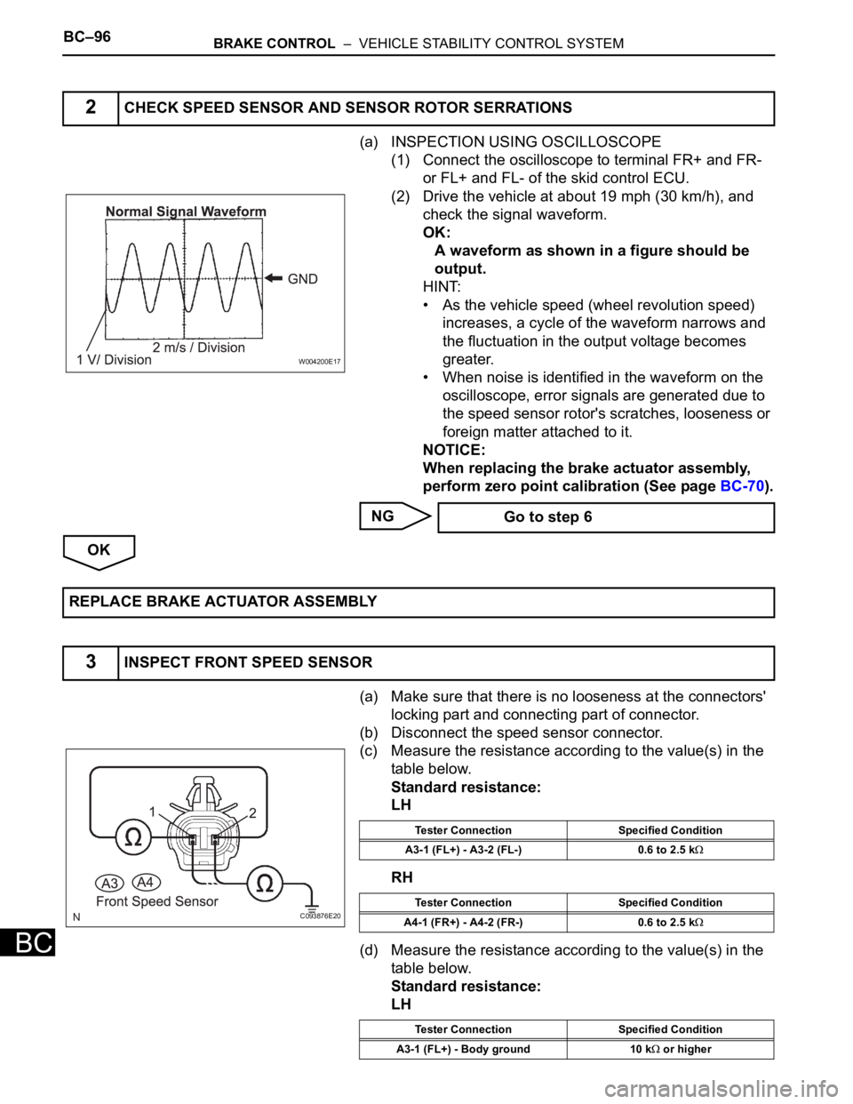 TOYOTA SIENNA 2007  Service Repair Manual BC–96BRAKE CONTROL  –  VEHICLE STABILITY CONTROL SYSTEM
BC
(a) INSPECTION USING OSCILLOSCOPE
(1) Connect the oscilloscope to terminal FR+ and FR- 
or FL+ and FL- of the skid control ECU.
(2) Drive