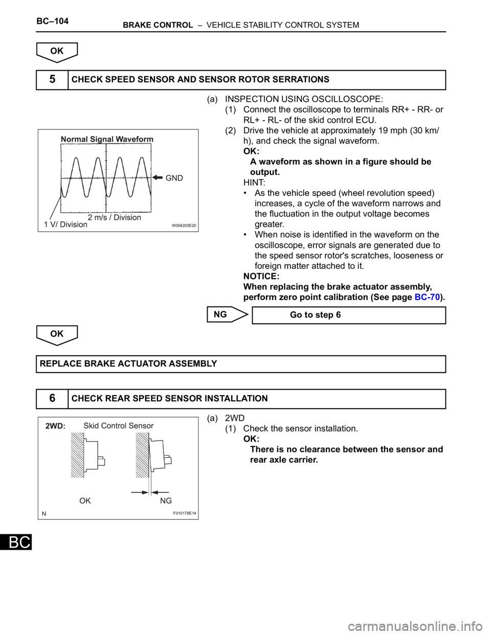 TOYOTA SIENNA 2007  Service Repair Manual BC–104BRAKE CONTROL  –  VEHICLE STABILITY CONTROL SYSTEM
BC
OK
(a) INSPECTION USING OSCILLOSCOPE:
(1) Connect the oscilloscope to terminals RR+ - RR- or 
RL+ - RL- of the skid control ECU.
(2) Dri