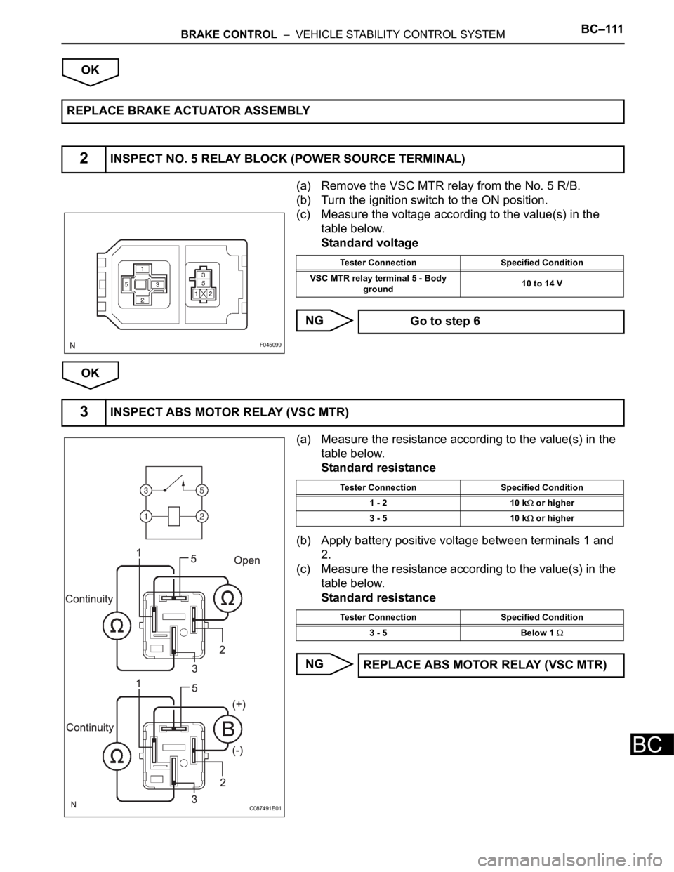 TOYOTA SIENNA 2007  Service Repair Manual BRAKE CONTROL  –  VEHICLE STABILITY CONTROL SYSTEMBC–111
BC
OK
(a) Remove the VSC MTR relay from the No. 5 R/B.
(b) Turn the ignition switch to the ON position.
(c) Measure the voltage according t