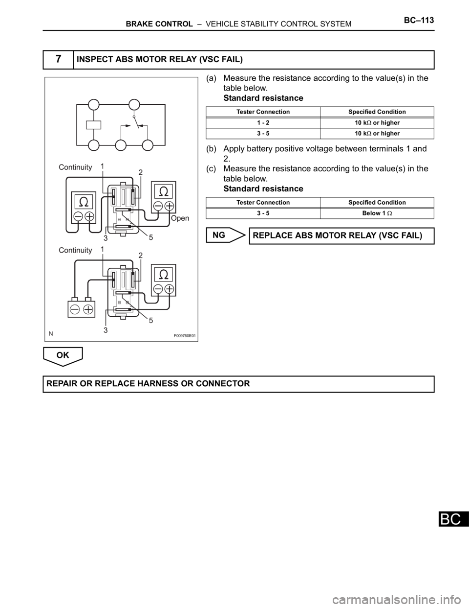 TOYOTA SIENNA 2007  Service Repair Manual BRAKE CONTROL  –  VEHICLE STABILITY CONTROL SYSTEMBC–113
BC
(a) Measure the resistance according to the value(s) in the 
table below.
Standard resistance
(b) Apply battery positive voltage between