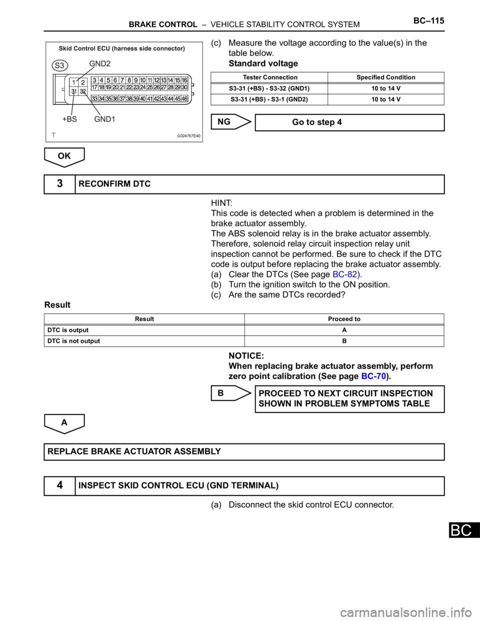 TOYOTA SIENNA 2007  Service Repair Manual BRAKE CONTROL  –  VEHICLE STABILITY CONTROL SYSTEMBC–115
BC
(c) Measure the voltage according to the value(s) in the 
table below.
Standard voltage
NG
OK
HINT:
This code is detected when a problem
