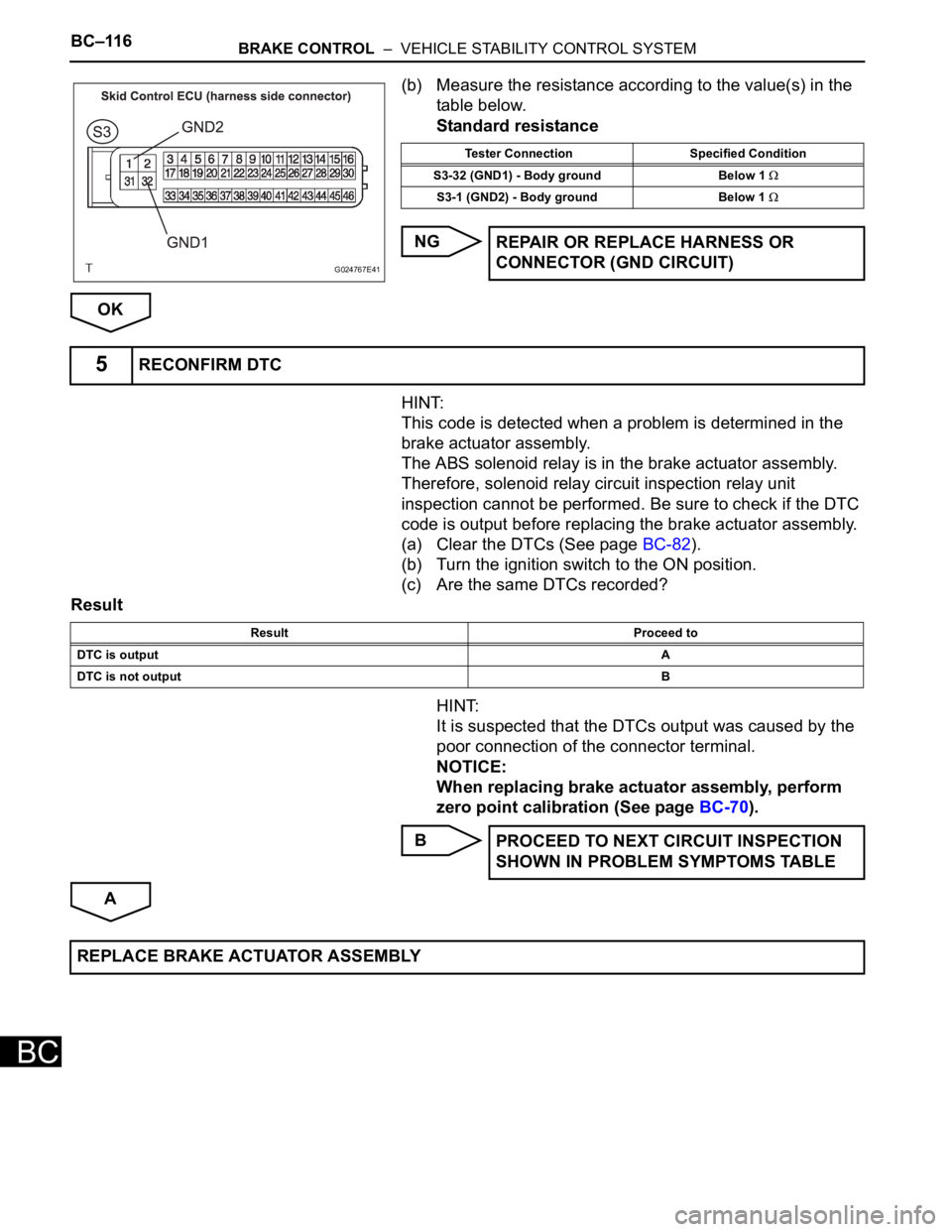 TOYOTA SIENNA 2007  Service Repair Manual BC–116BRAKE CONTROL  –  VEHICLE STABILITY CONTROL SYSTEM
BC
(b) Measure the resistance according to the value(s) in the 
table below.
Standard resistance
NG
OK
HINT:
This code is detected when a p