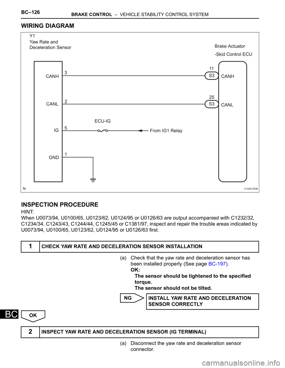 TOYOTA SIENNA 2007  Service Repair Manual BC–126BRAKE CONTROL  –  VEHICLE STABILITY CONTROL SYSTEM
BC
WIRING DIAGRAM
INSPECTION PROCEDURE
HINT:
When U0073/94, U0100/65, U0123/62, U0124/95 or U0126/63 are output accompanied with C1232/32, 