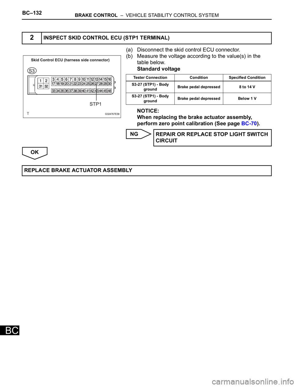 TOYOTA SIENNA 2007  Service Repair Manual BC–132BRAKE CONTROL  –  VEHICLE STABILITY CONTROL SYSTEM
BC
(a) Disconnect the skid control ECU connector.
(b) Measure the voltage according to the value(s) in the 
table below.
Standard voltage
N
