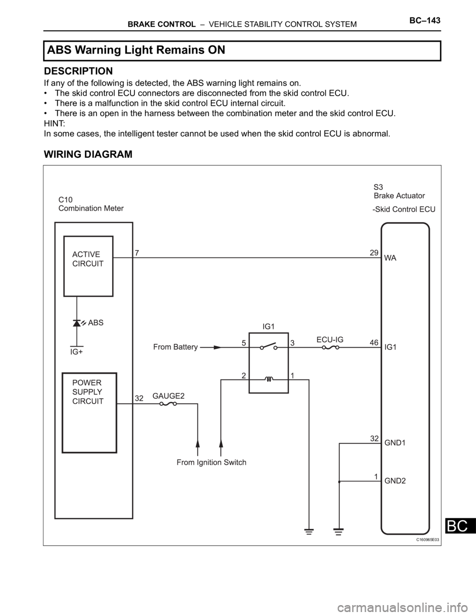 TOYOTA SIENNA 2007  Service Repair Manual BRAKE CONTROL  –  VEHICLE STABILITY CONTROL SYSTEMBC–143
BC
DESCRIPTION
If any of the following is detected, the ABS warning light remains on.
• The skid control ECU connectors are disconnected 