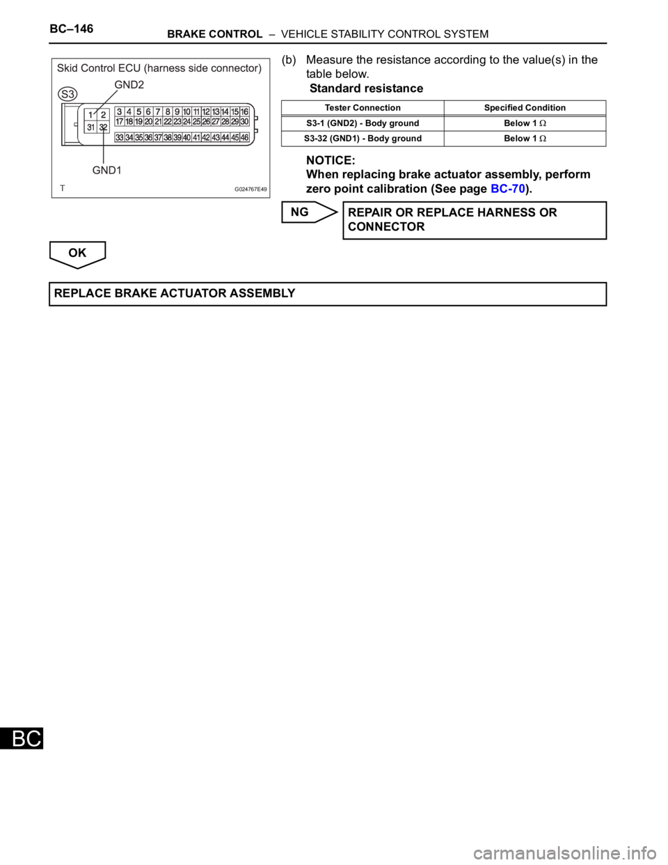 TOYOTA SIENNA 2007  Service Repair Manual BC–146BRAKE CONTROL  –  VEHICLE STABILITY CONTROL SYSTEM
BC
(b) Measure the resistance according to the value(s) in the 
table below.
 Standard resistance
NOTICE:
When replacing brake actuator ass