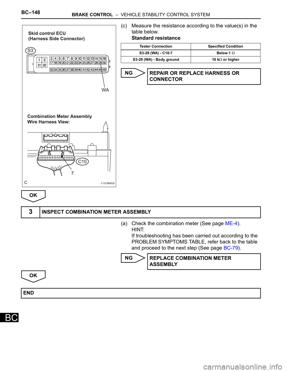 TOYOTA SIENNA 2007  Service Repair Manual BC–148BRAKE CONTROL  –  VEHICLE STABILITY CONTROL SYSTEM
BC
(c) Measure the resistance according to the value(s) in the 
table below.
Standard resistance
NG
OK
(a) Check the combination meter (See