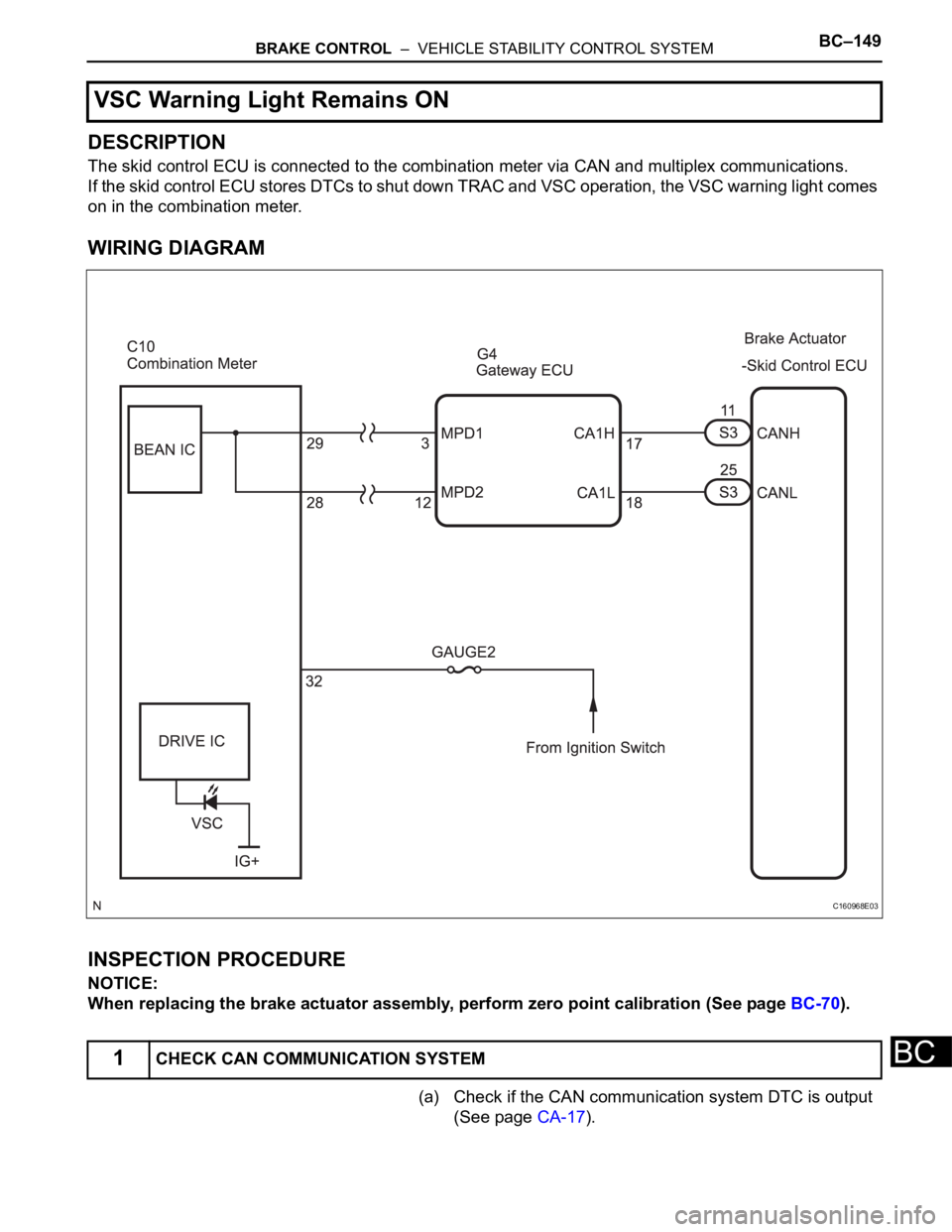 TOYOTA SIENNA 2007  Service Repair Manual BRAKE CONTROL  –  VEHICLE STABILITY CONTROL SYSTEMBC–149
BC
DESCRIPTION
The skid control ECU is connected to the combination meter via CAN and multiplex communications.
If the skid control ECU sto