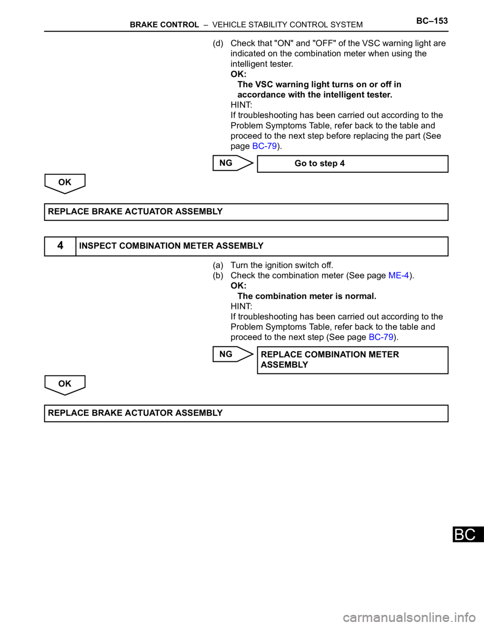 TOYOTA SIENNA 2007  Service Repair Manual BRAKE CONTROL  –  VEHICLE STABILITY CONTROL SYSTEMBC–153
BC
(d) Check that "ON" and "OFF" of the VSC warning light are 
indicated on the combination meter when using the 
intellige