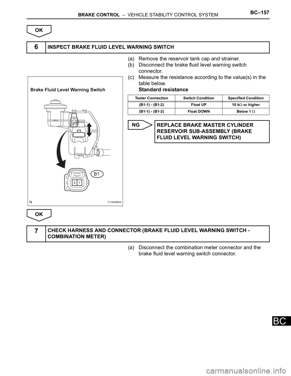 TOYOTA SIENNA 2007  Service Repair Manual BRAKE CONTROL  –  VEHICLE STABILITY CONTROL SYSTEMBC–157
BC
OK
(a) Remove the reservoir tank cap and strainer.
(b) Disconnect the brake fluid level warning switch 
connector.
(c) Measure the resis