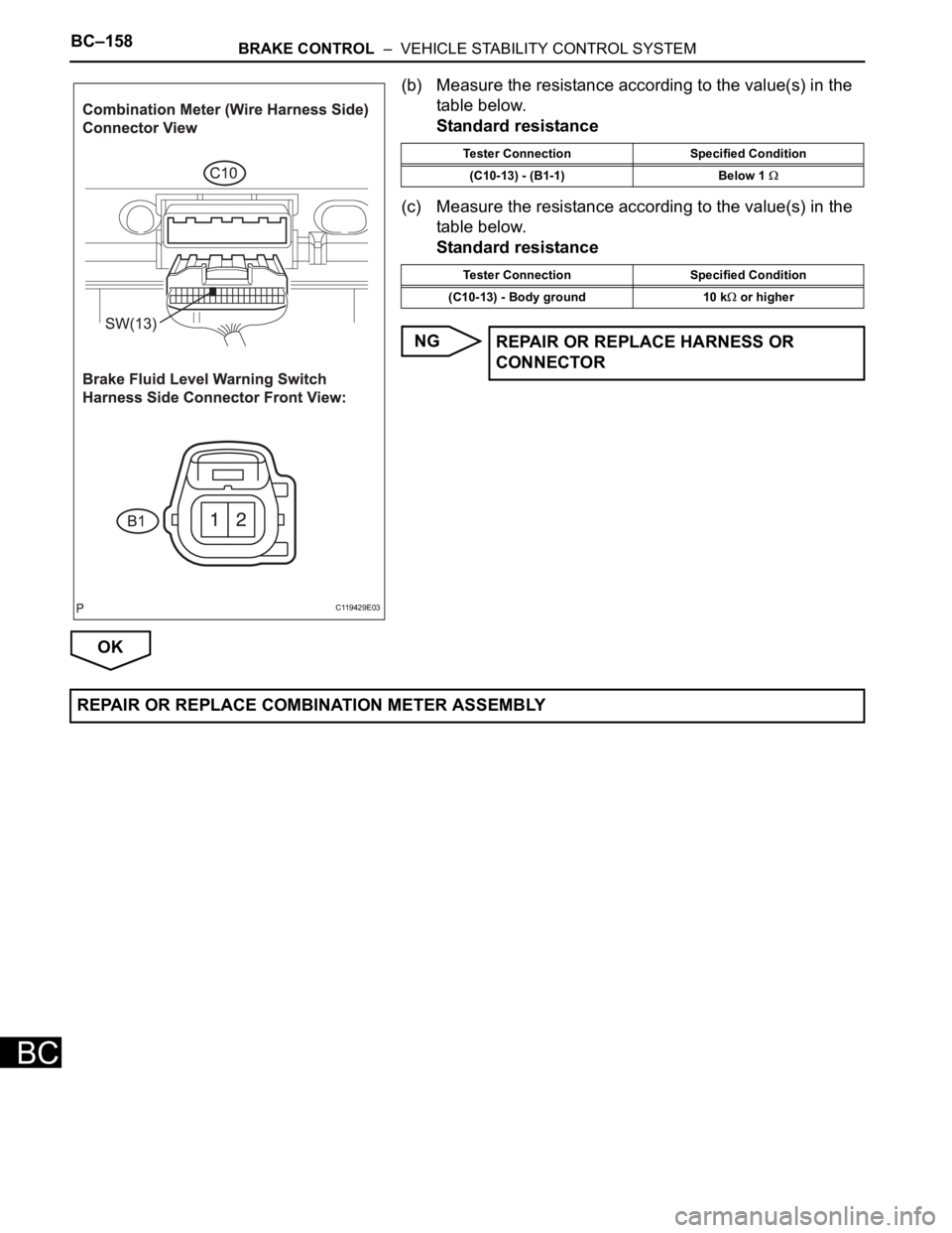 TOYOTA SIENNA 2007  Service Repair Manual BC–158BRAKE CONTROL  –  VEHICLE STABILITY CONTROL SYSTEM
BC
(b) Measure the resistance according to the value(s) in the 
table below.
Standard resistance
(c) Measure the resistance according to th