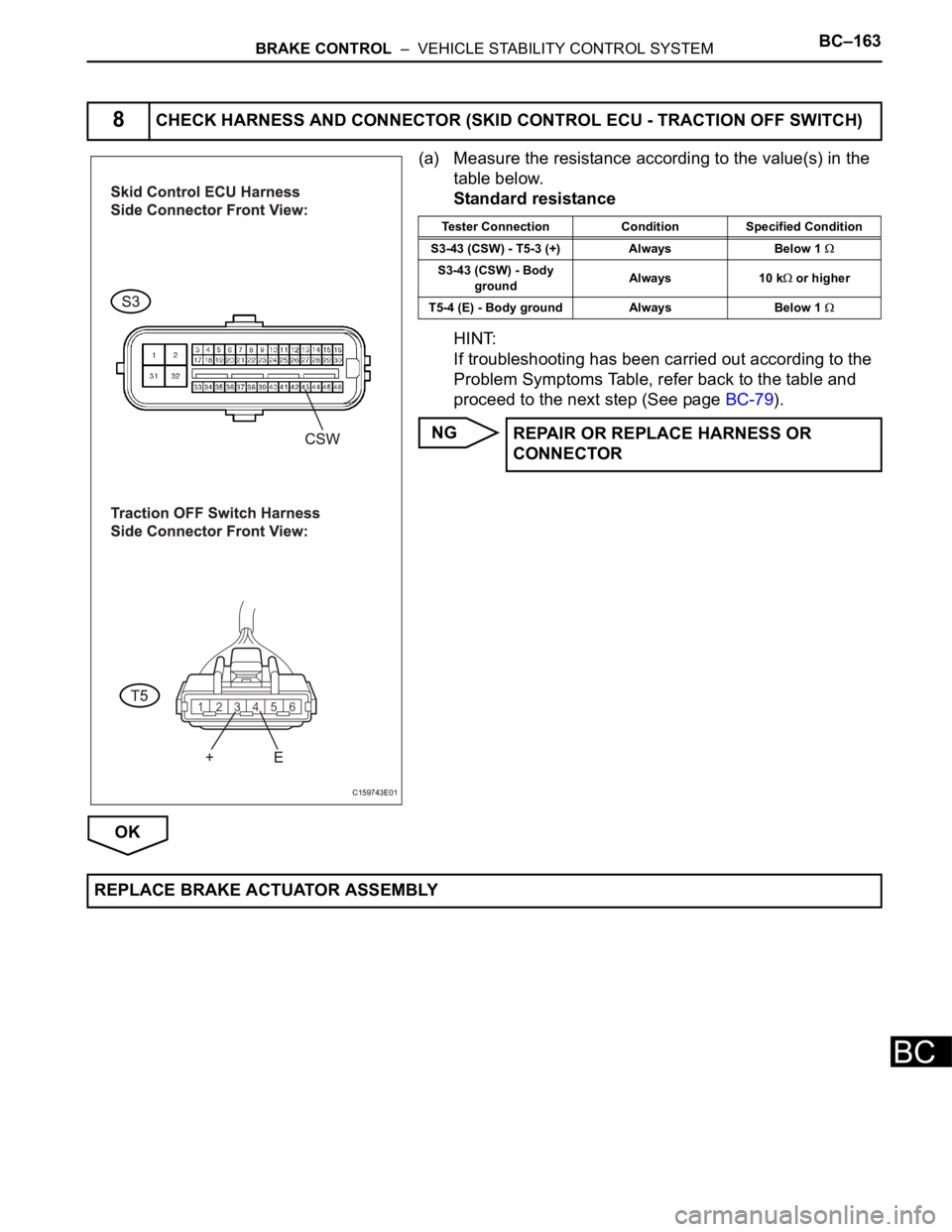 TOYOTA SIENNA 2007  Service Repair Manual BRAKE CONTROL  –  VEHICLE STABILITY CONTROL SYSTEMBC–163
BC
(a) Measure the resistance according to the value(s) in the 
table below.
Standard resistance
HINT:
If troubleshooting has been carried 