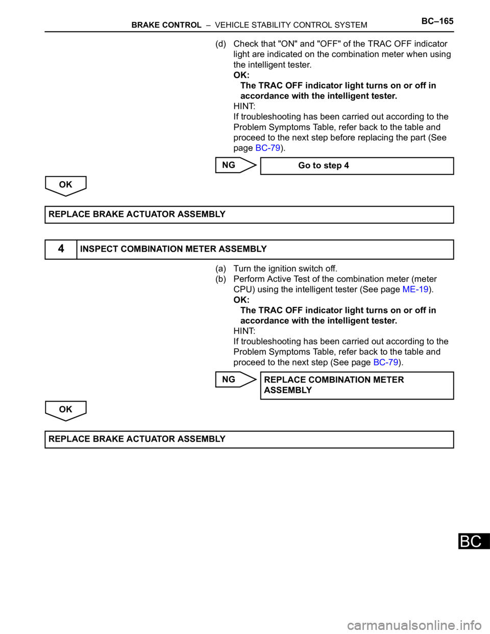 TOYOTA SIENNA 2007  Service Repair Manual BRAKE CONTROL  –  VEHICLE STABILITY CONTROL SYSTEMBC–165
BC
(d) Check that "ON" and "OFF" of the TRAC OFF indicator 
light are indicated on the combination meter when using 
the in