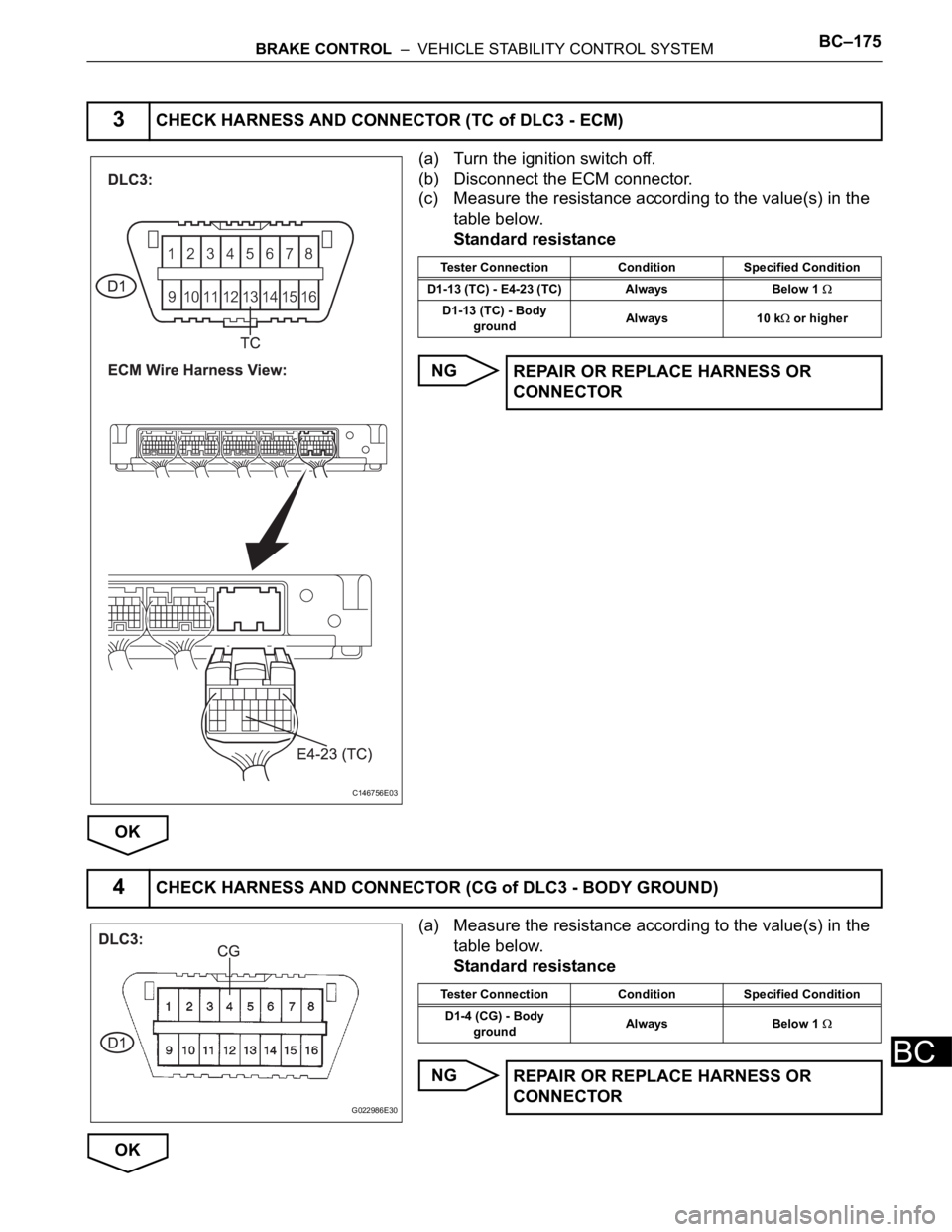 TOYOTA SIENNA 2007 Service Repair Manual BRAKE CONTROL – VEHICLE STABILITY CONTROL SYSTEMBC–175
BC
(a) Turn the ignition switch off.
(b) Disconnect the ECM connector.
(c) Measure the resistance according to the value(s) in the
table b TOYOTA SIENNA 2007 Service Repair Manual BRAKE CONTROL – VEHICLE STABILITY CONTROL SYSTEMBC–175
BC
(a) Turn the ignition switch off.
(b) Disconnect the ECM connector.
(c) Measure the resistance according to the value(s) in the
table b