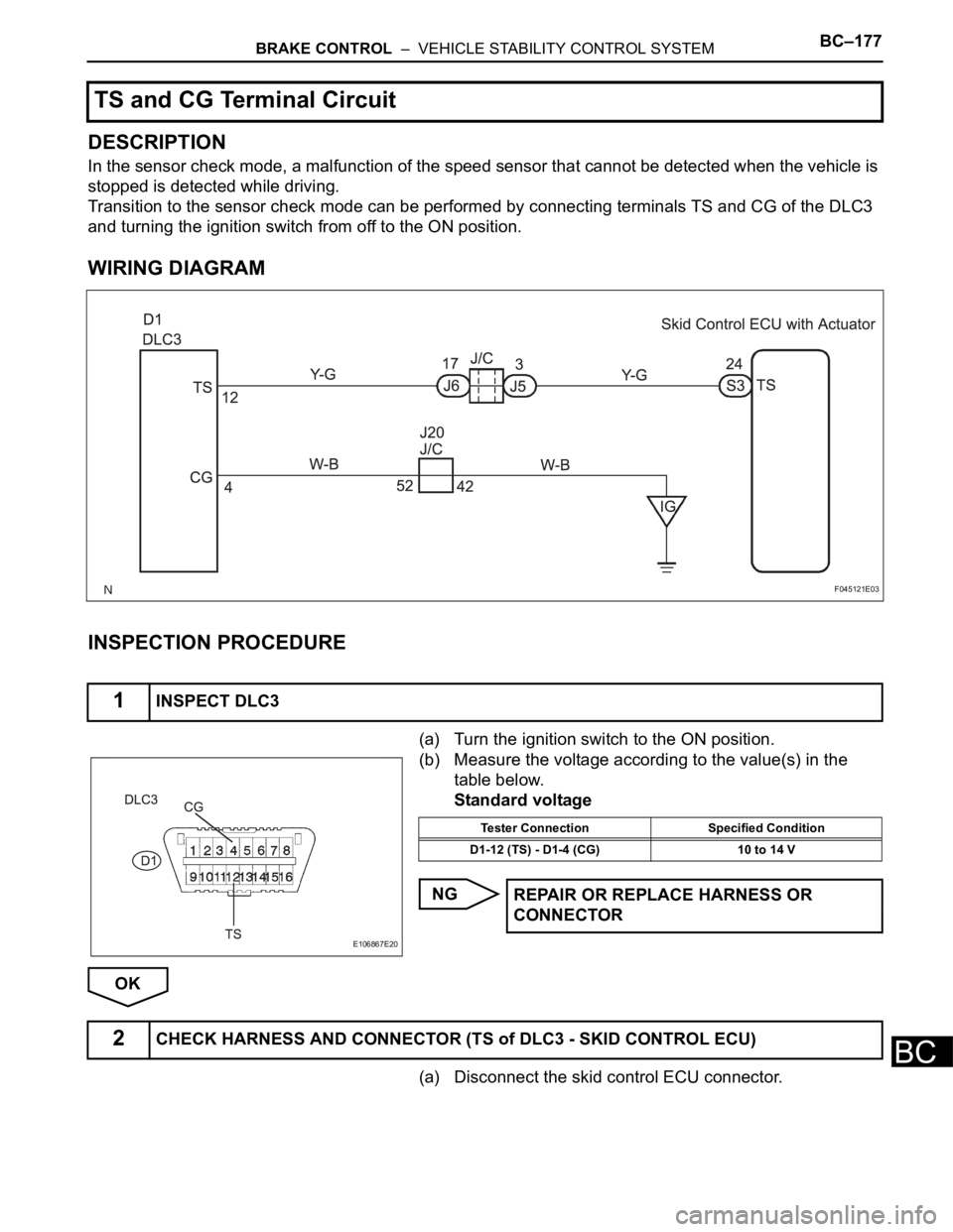 TOYOTA SIENNA 2007 Service Repair Manual BRAKE CONTROL – VEHICLE STABILITY CONTROL SYSTEMBC–177
BC
DESCRIPTION
In the sensor check mode, a malfunction of the speed sensor that cannot be detected when the vehicle is
stopped is detected TOYOTA SIENNA 2007 Service Repair Manual BRAKE CONTROL – VEHICLE STABILITY CONTROL SYSTEMBC–177
BC
DESCRIPTION
In the sensor check mode, a malfunction of the speed sensor that cannot be detected when the vehicle is
stopped is detected