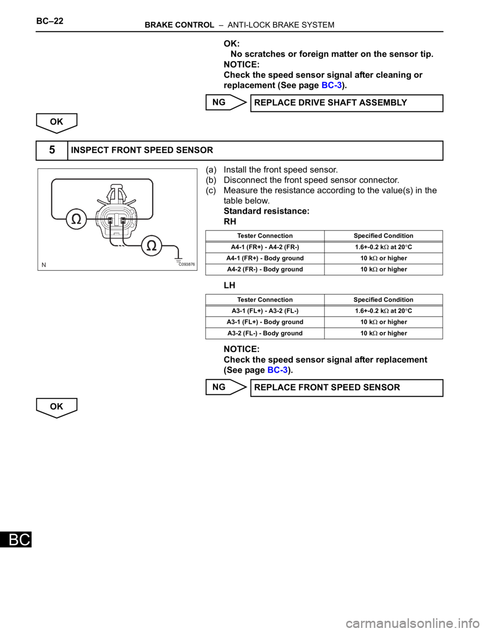TOYOTA SIENNA 2007 Service Repair Manual BC–22BRAKE CONTROL – ANTI-LOCK BRAKE SYSTEM
BC
OK:
No scratches or foreign matter on the sensor tip.
NOTICE:
Check the speed sensor signal after cleaning or
replacement (See page BC-3).
NG
OK
( TOYOTA SIENNA 2007 Service Repair Manual BC–22BRAKE CONTROL – ANTI-LOCK BRAKE SYSTEM
BC
OK:
No scratches or foreign matter on the sensor tip.
NOTICE:
Check the speed sensor signal after cleaning or
replacement (See page BC-3).
NG
OK
(