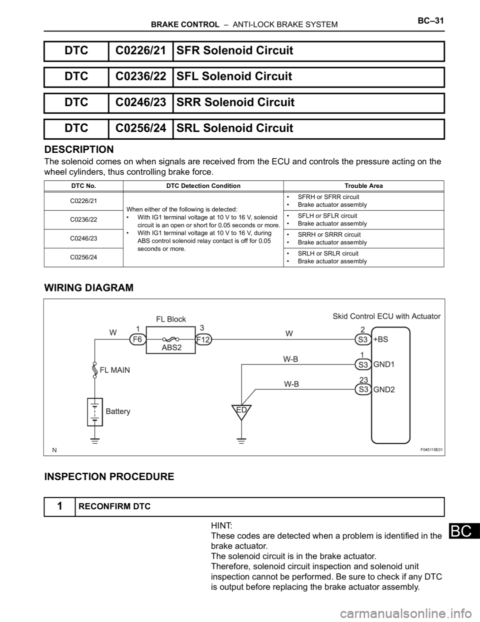 TOYOTA SIENNA 2007 Service Repair Manual BRAKE CONTROL – ANTI-LOCK BRAKE SYSTEMBC–31
BC
DESCRIPTION
The solenoid comes on when signals are received from the ECU and controls the pressure acting on the
wheel cylinders, thus controlling TOYOTA SIENNA 2007 Service Repair Manual BRAKE CONTROL – ANTI-LOCK BRAKE SYSTEMBC–31
BC
DESCRIPTION
The solenoid comes on when signals are received from the ECU and controls the pressure acting on the
wheel cylinders, thus controlling