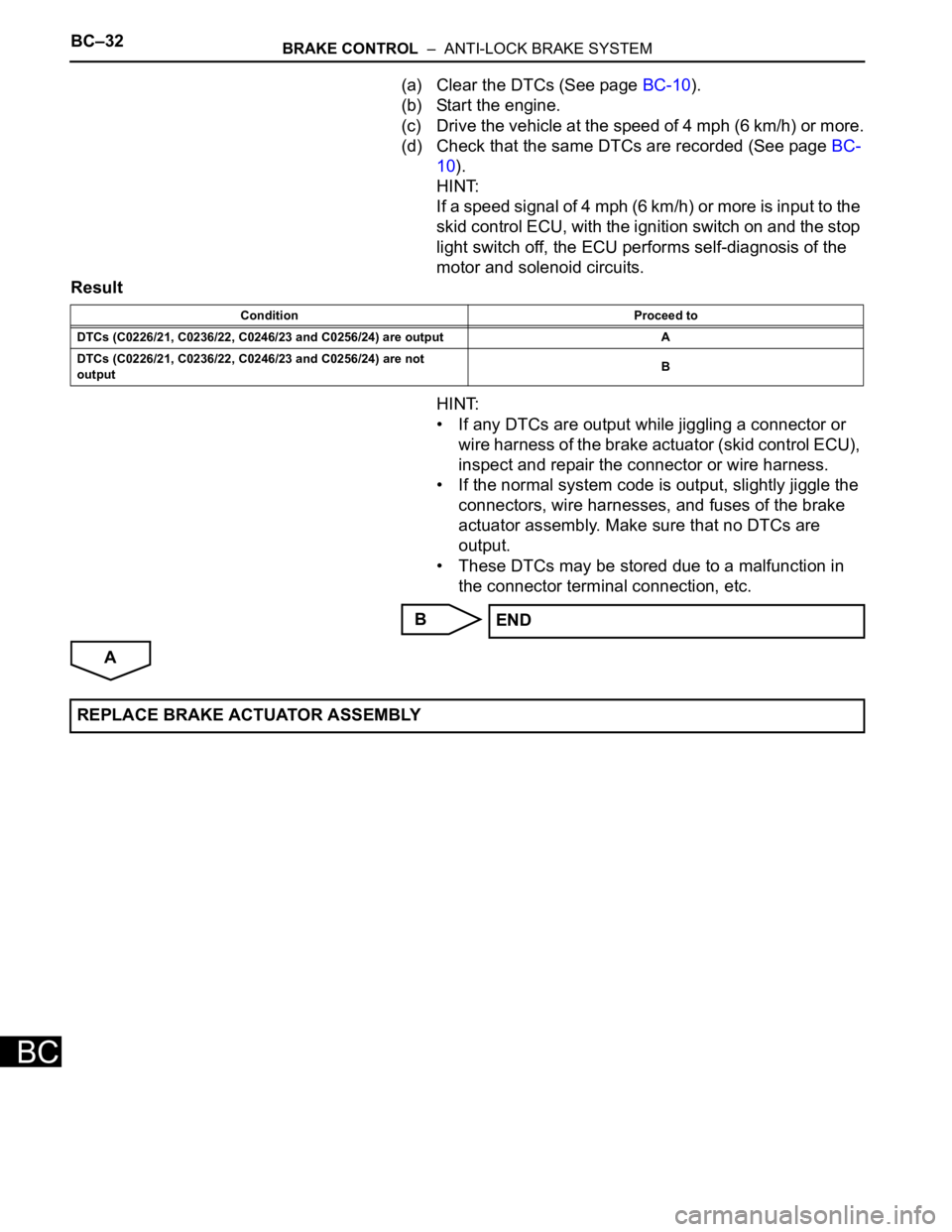 TOYOTA SIENNA 2007 Service Repair Manual BC–32BRAKE CONTROL – ANTI-LOCK BRAKE SYSTEM
BC
(a) Clear the DTCs (See page BC-10).
(b) Start the engine.
(c) Drive the vehicle at the speed of 4 mph (6 km/h) or more.
(d) Check that the same DT TOYOTA SIENNA 2007 Service Repair Manual BC–32BRAKE CONTROL – ANTI-LOCK BRAKE SYSTEM
BC
(a) Clear the DTCs (See page BC-10).
(b) Start the engine.
(c) Drive the vehicle at the speed of 4 mph (6 km/h) or more.
(d) Check that the same DT
