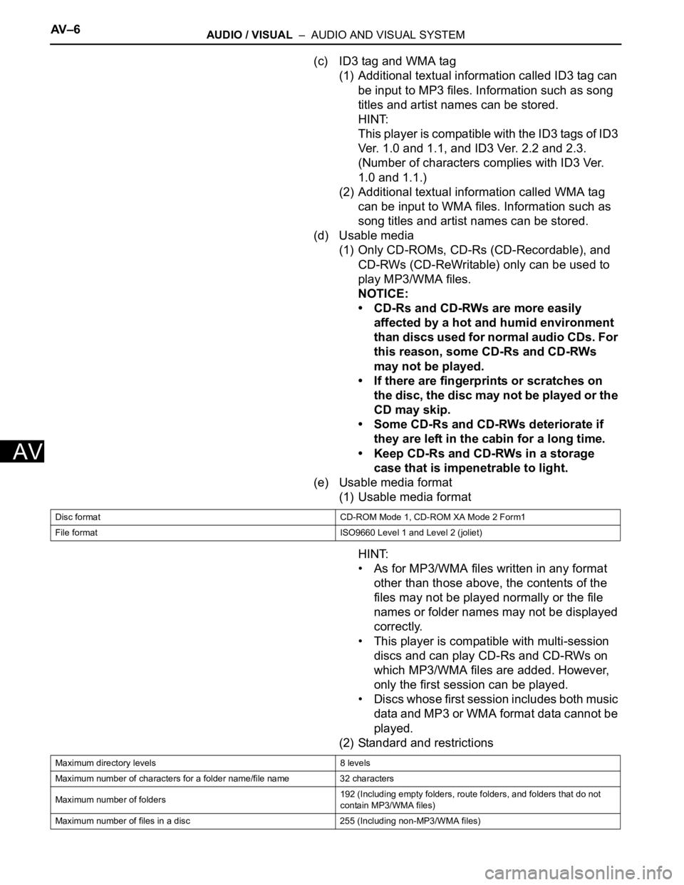 TOYOTA SIENNA 2007  Service Repair Manual AV – 6AUDIO / VISUAL  –  AUDIO AND VISUAL SYSTEM
AV
(c) ID3 tag and WMA tag
(1) Additional textual information called ID3 tag can 
be input to MP3 files. Information such as song 
titles and artis