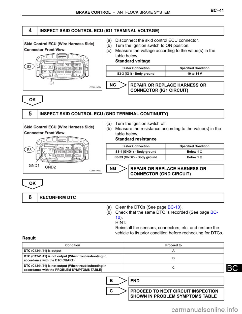 TOYOTA SIENNA 2007 Service Repair Manual BRAKE CONTROL – ANTI-LOCK BRAKE SYSTEMBC–41
BC
(a) Disconnect the skid control ECU connector.
(b) Turn the ignition switch to ON position.
(c) Measure the voltage according to the value(s) in th TOYOTA SIENNA 2007 Service Repair Manual BRAKE CONTROL – ANTI-LOCK BRAKE SYSTEMBC–41
BC
(a) Disconnect the skid control ECU connector.
(b) Turn the ignition switch to ON position.
(c) Measure the voltage according to the value(s) in th