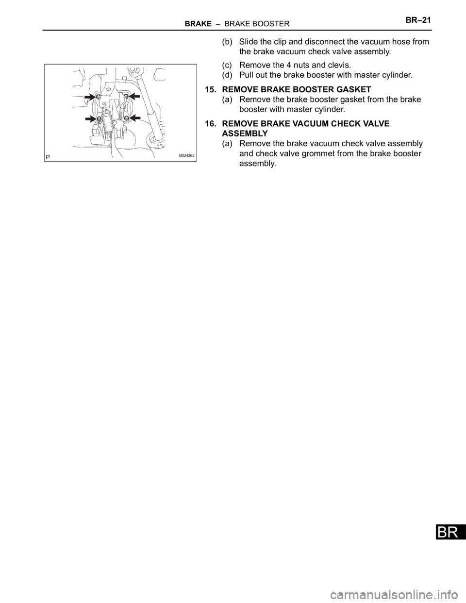 TOYOTA SIENNA 2007 Service Repair Manual BRAKE – BRAKE BOOSTERBR–21
BR
(b) Slide the clip and disconnect the vacuum hose from
the brake vacuum check valve assembly.
(c) Remove the 4 nuts and clevis.
(d) Pull out the brake booster with TOYOTA SIENNA 2007 Service Repair Manual BRAKE – BRAKE BOOSTERBR–21
BR
(b) Slide the clip and disconnect the vacuum hose from
the brake vacuum check valve assembly.
(c) Remove the 4 nuts and clevis.
(d) Pull out the brake booster with