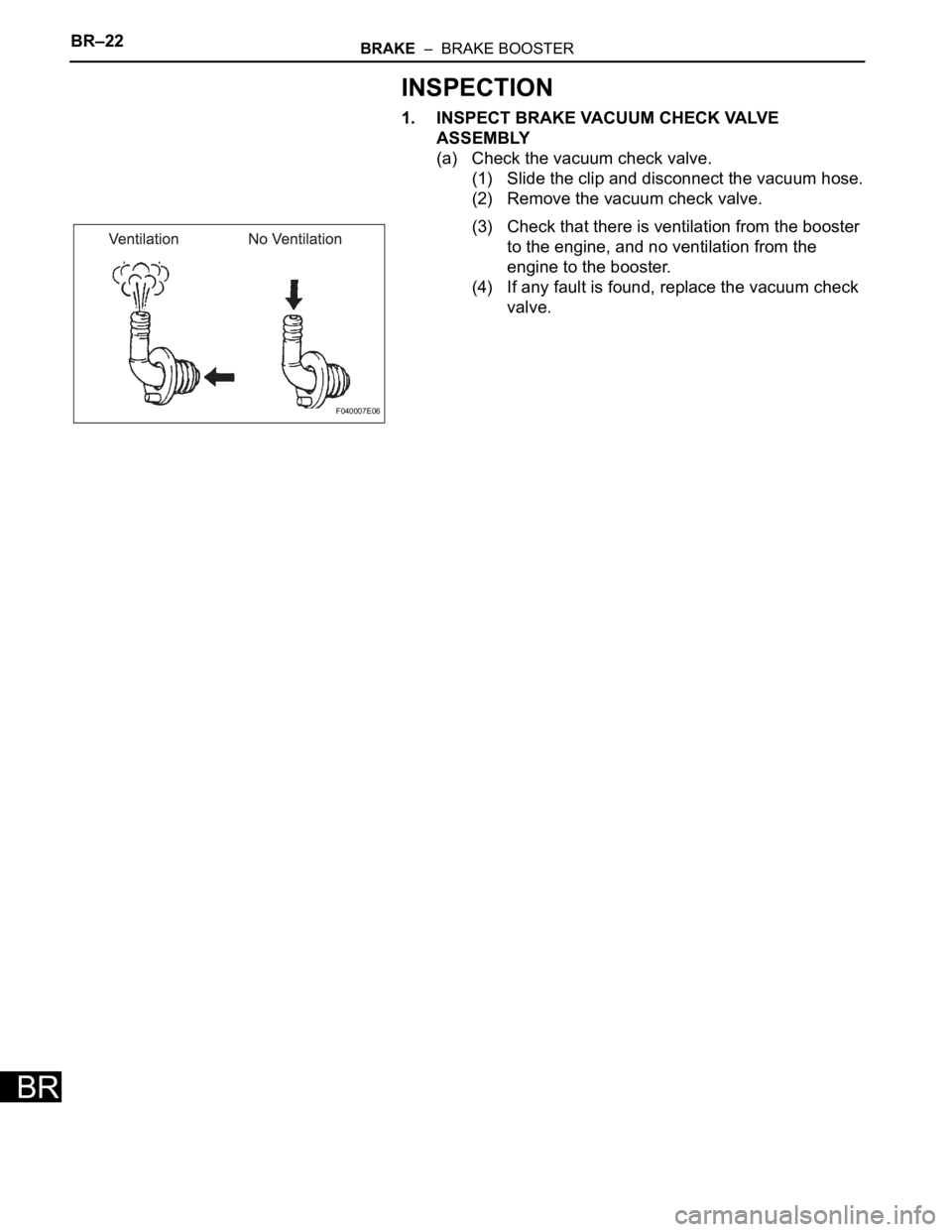 TOYOTA SIENNA 2007 Service Repair Manual BR–22BRAKE – BRAKE BOOSTER
BR
INSPECTION
1. INSPECT BRAKE VACUUM CHECK VALVE
ASSEMBLY
(a) Check the vacuum check valve.
(1) Slide the clip and disconnect the vacuum hose.
(2) Remove the vacuum TOYOTA SIENNA 2007 Service Repair Manual BR–22BRAKE – BRAKE BOOSTER
BR
INSPECTION
1. INSPECT BRAKE VACUUM CHECK VALVE
ASSEMBLY
(a) Check the vacuum check valve.
(1) Slide the clip and disconnect the vacuum hose.
(2) Remove the vacuum