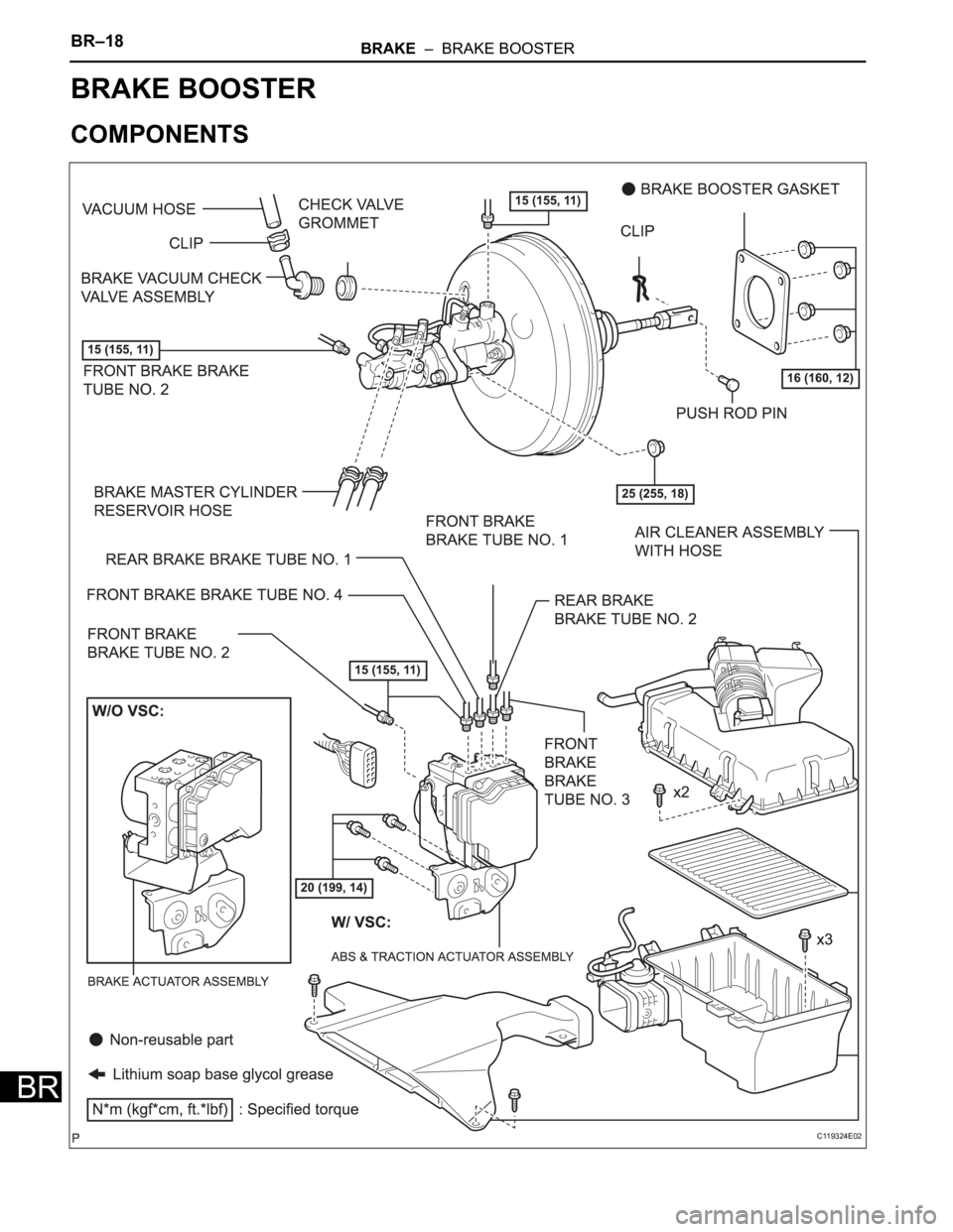 TOYOTA SIENNA 2007  Service Repair Manual BR–18BRAKE  –  BRAKE BOOSTER
BR
BRAKE
BRAKE
BRAKE BOOSTER
COMPONENTS
C119324E02 