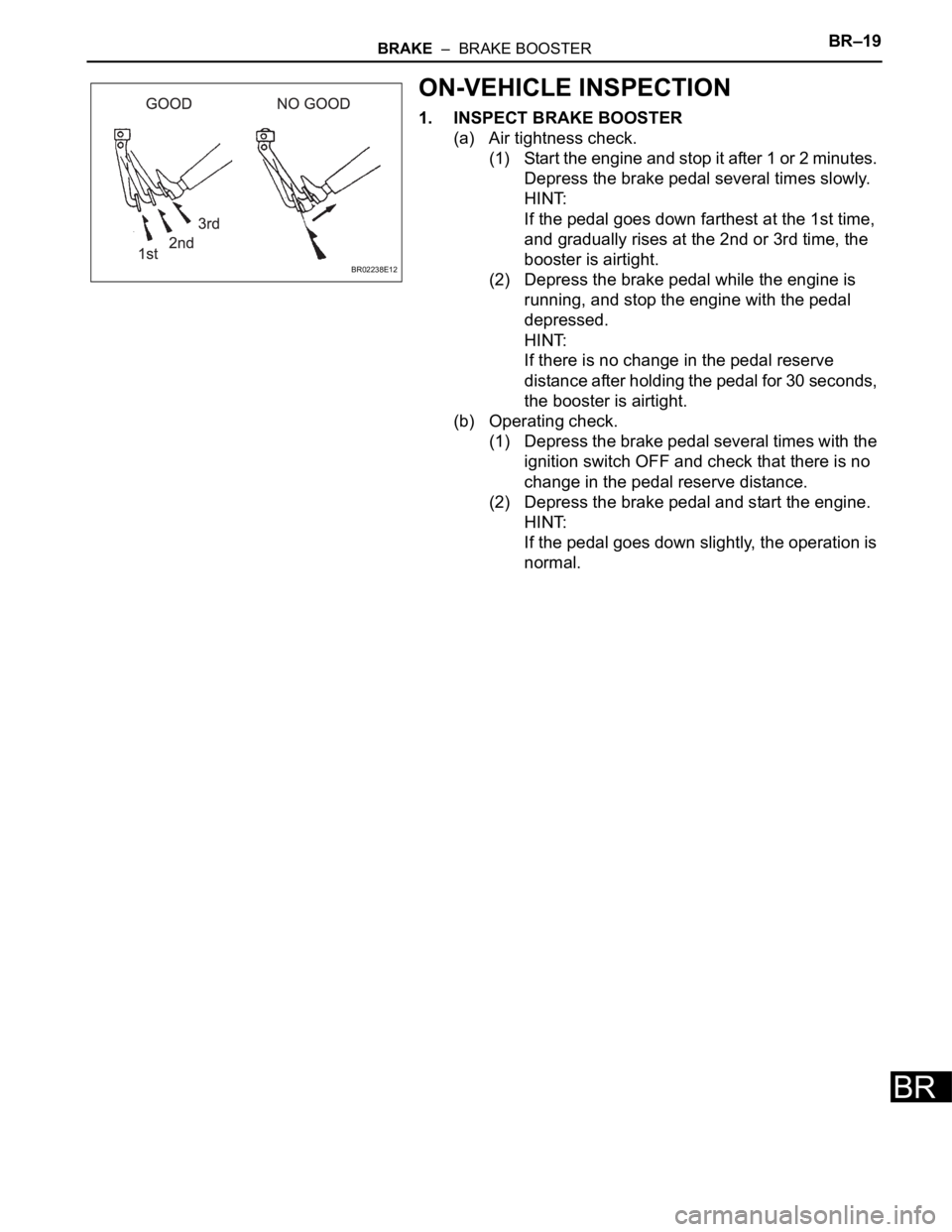 TOYOTA SIENNA 2007  Service Repair Manual BRAKE  –  BRAKE BOOSTERBR–19
BR
ON-VEHICLE INSPECTION
1. INSPECT BRAKE BOOSTER
(a) Air tightness check.
(1) Start the engine and stop it after 1 or 2 minutes. 
Depress the brake pedal several time