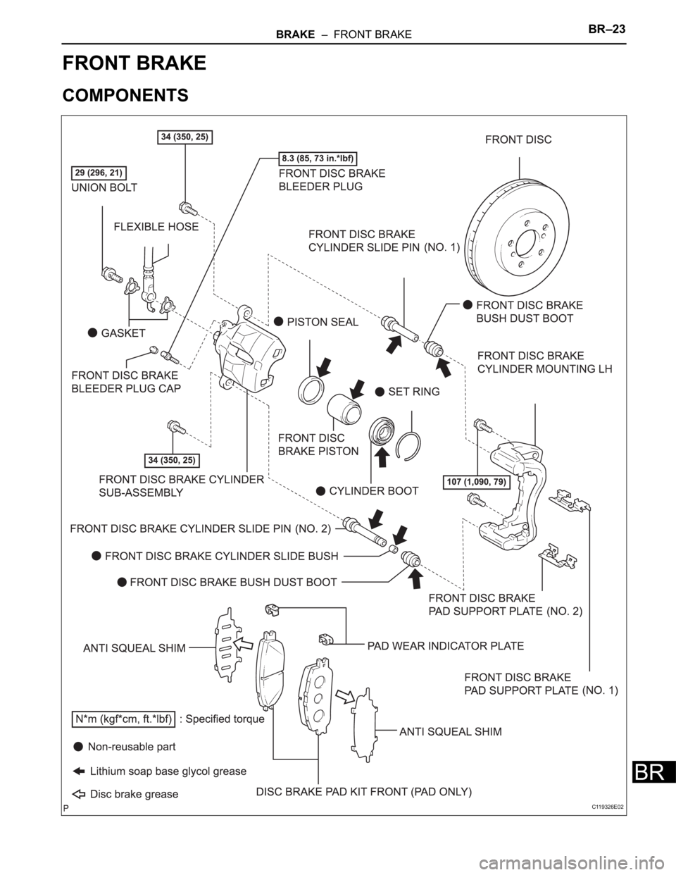 TOYOTA SIENNA 2007  Service Repair Manual BRAKE  –  FRONT BRAKEBR–23
BR
BRAKE
BRAKE
FRONT BRAKE
COMPONENTS
C119326E02 