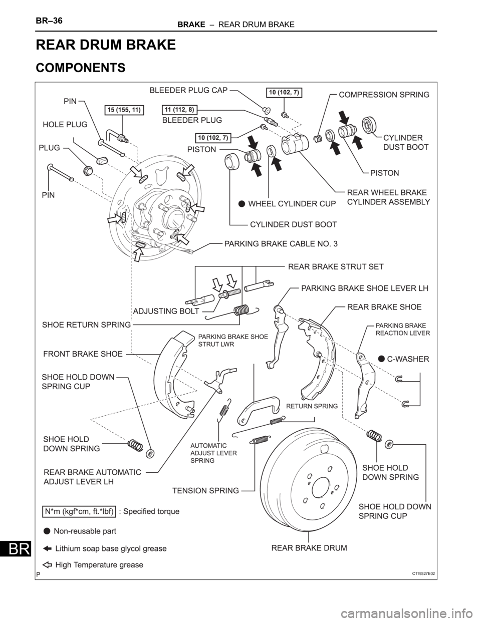 TOYOTA SIENNA 2007  Service Repair Manual BR–36BRAKE  –  REAR DRUM BRAKE
BR
BRAKE
BRAKE
REAR DRUM BRAKE
COMPONENTS
C119327E02 