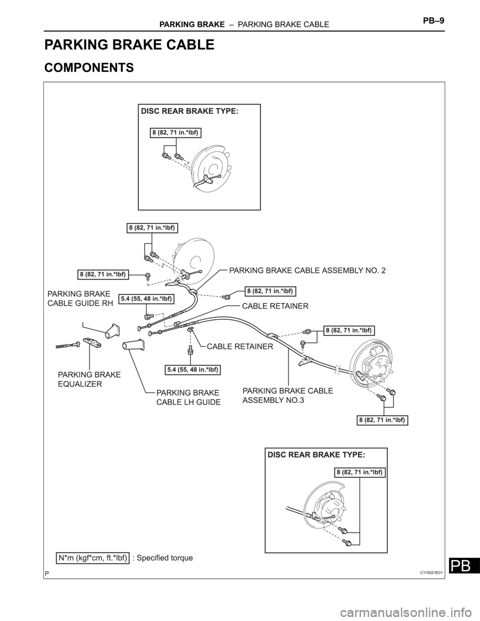 TOYOTA SIENNA 2007 Service Repair Manual PARKING BRAKE – PARKING BRAKE CABLEPB–9
PB
BRAKE
PARKING BRAKE
PARKING BRAKE CABLE
COMPONENTS
C119331E01 TOYOTA SIENNA 2007 Service Repair Manual PARKING BRAKE – PARKING BRAKE CABLEPB–9
PB
BRAKE
PARKING BRAKE
PARKING BRAKE CABLE
COMPONENTS
C119331E01