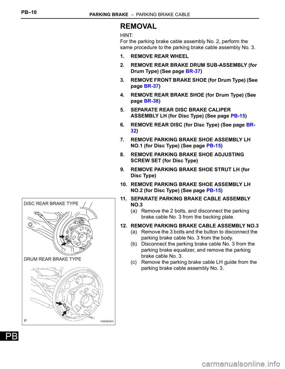 TOYOTA SIENNA 2007 Service Repair Manual PB–10PARKING BRAKE – PARKING BRAKE CABLE
PB
REMOVAL
HINT:
For the parking brake cable assembly No. 2, perform the
same procedure to the parking brake cable assembly No. 3.
1. REMOVE REAR WHEEL
TOYOTA SIENNA 2007 Service Repair Manual PB–10PARKING BRAKE – PARKING BRAKE CABLE
PB
REMOVAL
HINT:
For the parking brake cable assembly No. 2, perform the
same procedure to the parking brake cable assembly No. 3.
1. REMOVE REAR WHEEL