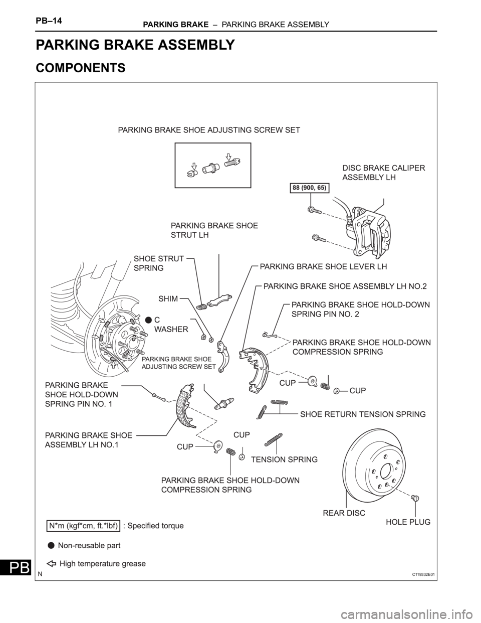 TOYOTA SIENNA 2007 Service Repair Manual PB–14PARKING BRAKE – PARKING BRAKE ASSEMBLY
PB
BRAKE
PARKING BRAKE
PARKING BRAKE ASSEMBLY
COMPONENTS
C119332E01 TOYOTA SIENNA 2007 Service Repair Manual PB–14PARKING BRAKE – PARKING BRAKE ASSEMBLY
PB
BRAKE
PARKING BRAKE
PARKING BRAKE ASSEMBLY
COMPONENTS
C119332E01