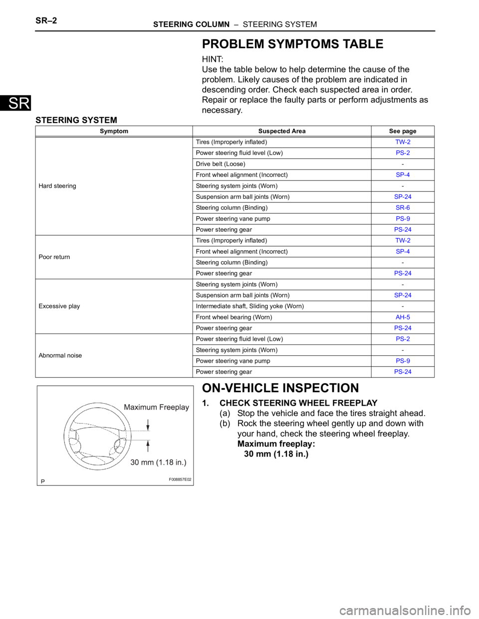 TOYOTA SIENNA 2007  Service Repair Manual SR–2STEERING COLUMN  –  STEERING SYSTEM
SR
PROBLEM SYMPTOMS TABLE
HINT:
Use the table below to help determine the cause of the 
problem. Likely causes of the problem are indicated in 
descending o