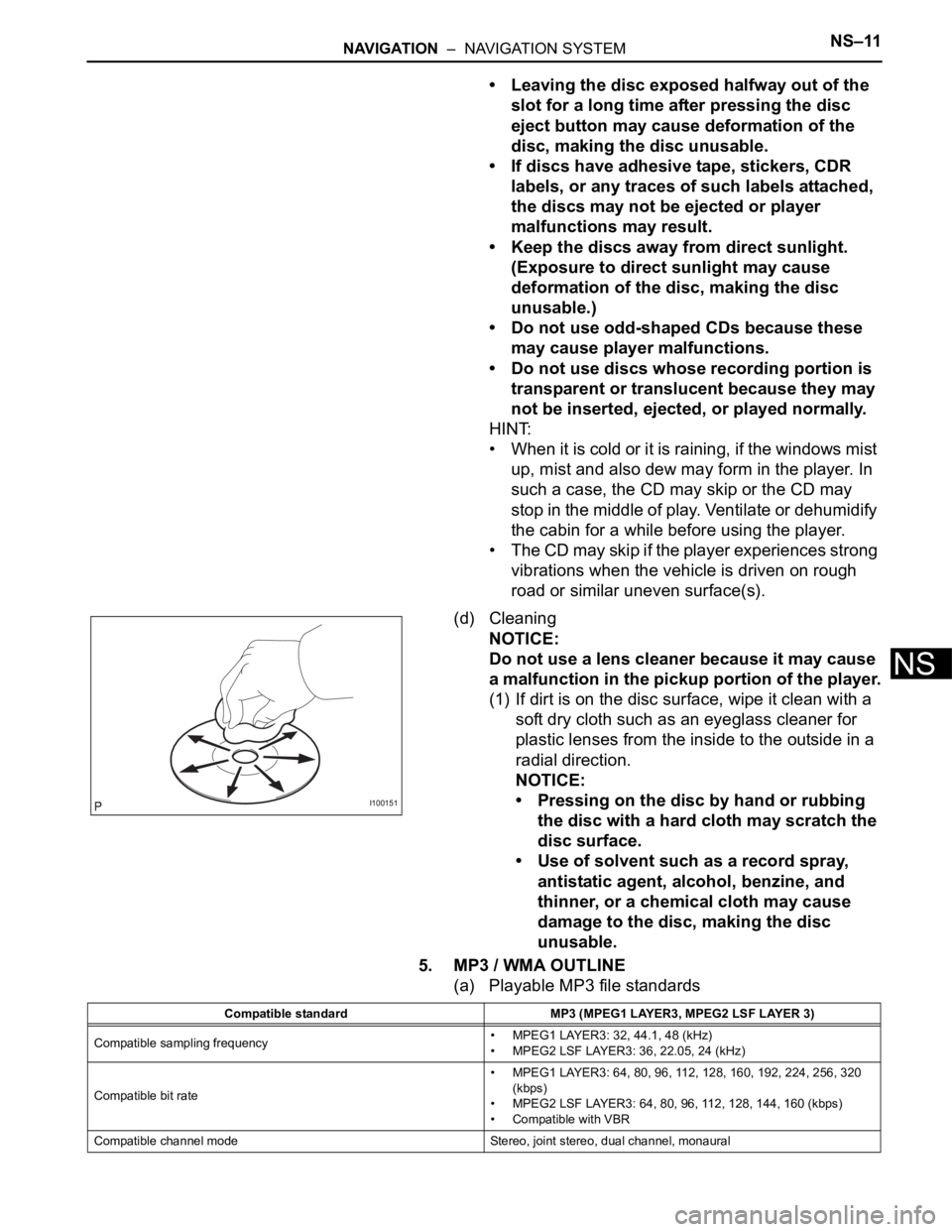 TOYOTA SIENNA 2007 Service Repair Manual NAVIGATION – NAVIGATION SYSTEMNS–11
NS
• Leaving the disc exposed halfway out of the
slot for a long time after pressing the disc
eject button may cause deformation of the
disc, making the TOYOTA SIENNA 2007 Service Repair Manual NAVIGATION – NAVIGATION SYSTEMNS–11
NS
• Leaving the disc exposed halfway out of the
slot for a long time after pressing the disc
eject button may cause deformation of the
disc, making the