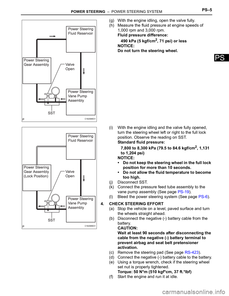 TOYOTA SIENNA 2007 Service Repair Manual POWER STEERING – POWER STEERING SYSTEMPS–5
PS
(g) With the engine idling, open the valve fully.
(h) Measure the fluid pressure at engine speeds of
1,000 rpm and 3,000 rpm.
Fluid pressure differ TOYOTA SIENNA 2007 Service Repair Manual POWER STEERING – POWER STEERING SYSTEMPS–5
PS
(g) With the engine idling, open the valve fully.
(h) Measure the fluid pressure at engine speeds of
1,000 rpm and 3,000 rpm.
Fluid pressure differ