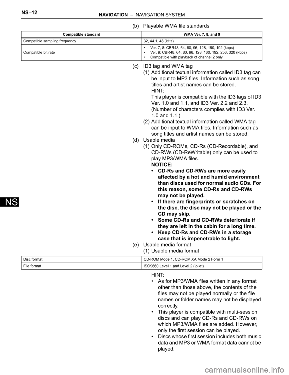 TOYOTA SIENNA 2007 Service Repair Manual NS–12NAVIGATION – NAVIGATION SYSTEM
NS
(b) Playable WMA file standards
(c) ID3 tag and WMA tag
(1) Additional textual information called ID3 tag can
be input to MP3 files. Information such as s TOYOTA SIENNA 2007 Service Repair Manual NS–12NAVIGATION – NAVIGATION SYSTEM
NS
(b) Playable WMA file standards
(c) ID3 tag and WMA tag
(1) Additional textual information called ID3 tag can
be input to MP3 files. Information such as s