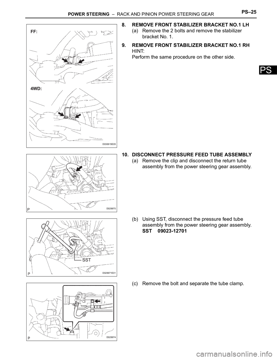 TOYOTA SIENNA 2007  Service Repair Manual POWER STEERING  –  RACK AND PINION POWER STEERING GEARPS–25
PS
8. REMOVE FRONT STABILIZER BRACKET NO.1 LH
(a) Remove the 2 bolts and remove the stabilizer 
bracket No. 1.
9. REMOVE FRONT STABILIZE