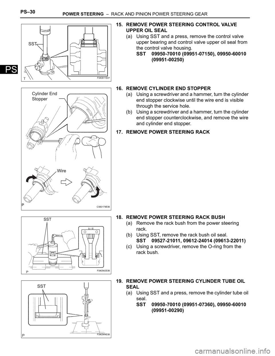 TOYOTA SIENNA 2007 Service Repair Manual PS–30POWER STEERING – RACK AND PINION POWER STEERING GEAR
PS
15. REMOVE POWER STEERING CONTROL VALVE
UPPER OIL SEAL
(a) Using SST and a press, remove the control valve
upper bearing and contro TOYOTA SIENNA 2007 Service Repair Manual PS–30POWER STEERING – RACK AND PINION POWER STEERING GEAR
PS
15. REMOVE POWER STEERING CONTROL VALVE
UPPER OIL SEAL
(a) Using SST and a press, remove the control valve
upper bearing and contro