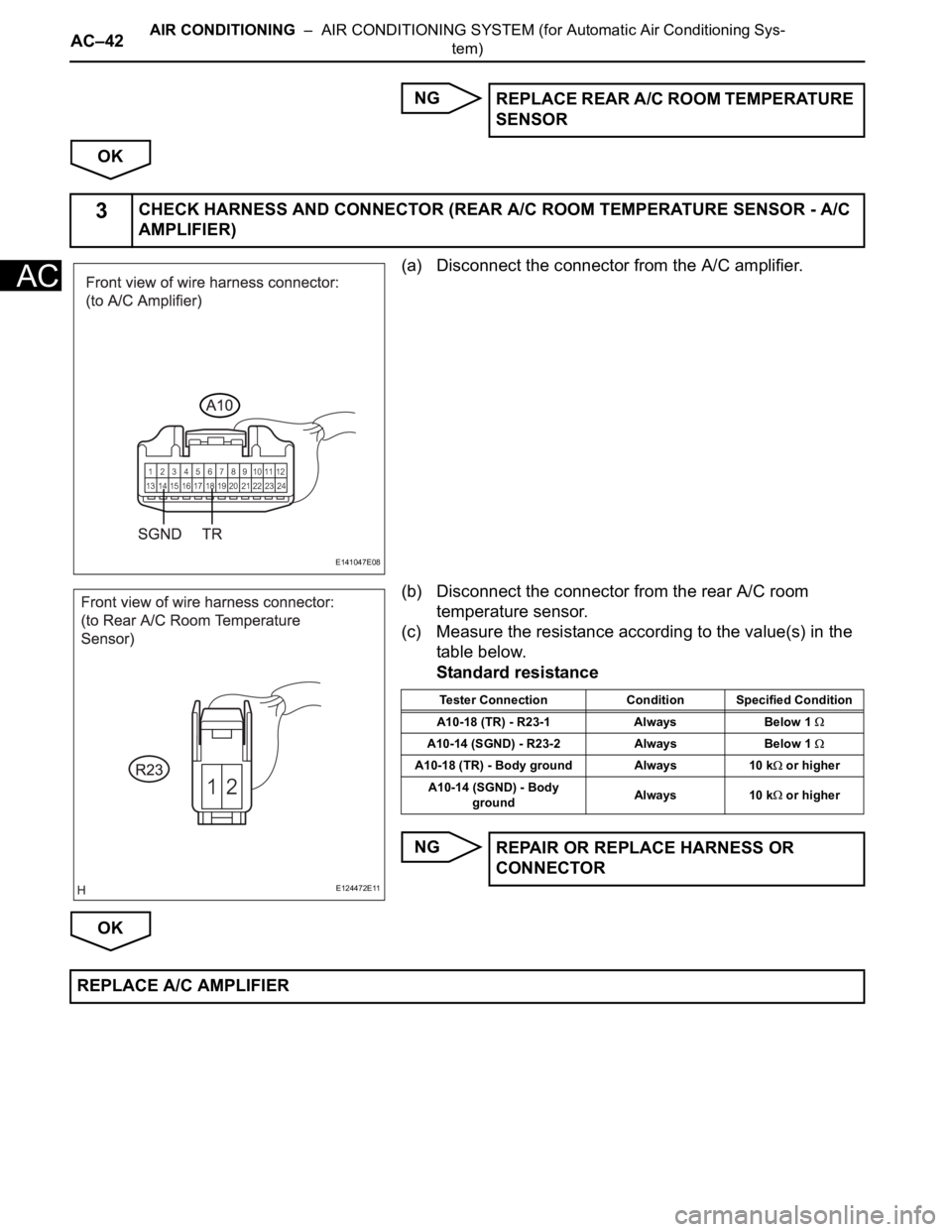 TOYOTA SIENNA 2007 Service Repair Manual AC–42AIR CONDITIONING – AIR CONDITIONING SYSTEM (for Automatic Air Conditioning Sys-
tem)
AC
NG
OK
(a) Disconnect the connector from the A/C amplifier.
(b) Disconnect the connector from the rear TOYOTA SIENNA 2007 Service Repair Manual AC–42AIR CONDITIONING – AIR CONDITIONING SYSTEM (for Automatic Air Conditioning Sys-
tem)
AC
NG
OK
(a) Disconnect the connector from the A/C amplifier.
(b) Disconnect the connector from the rear