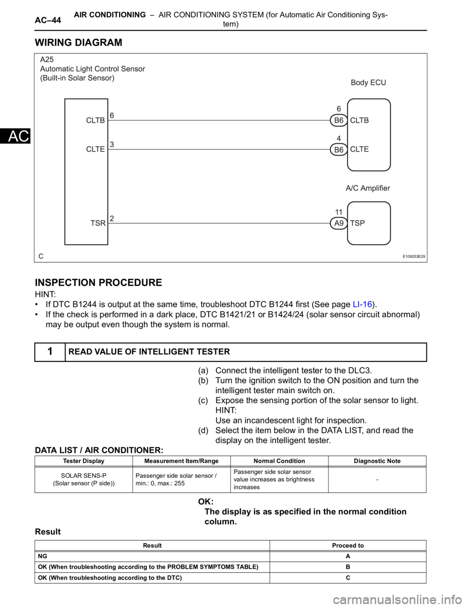 TOYOTA SIENNA 2007 Service Repair Manual AC–44AIR CONDITIONING – AIR CONDITIONING SYSTEM (for Automatic Air Conditioning Sys-
tem)
AC
WIRING DIAGRAM
INSPECTION PROCEDURE
HINT:
• If DTC B1244 is output at the same time, troubleshoot D TOYOTA SIENNA 2007 Service Repair Manual AC–44AIR CONDITIONING – AIR CONDITIONING SYSTEM (for Automatic Air Conditioning Sys-
tem)
AC
WIRING DIAGRAM
INSPECTION PROCEDURE
HINT:
• If DTC B1244 is output at the same time, troubleshoot D